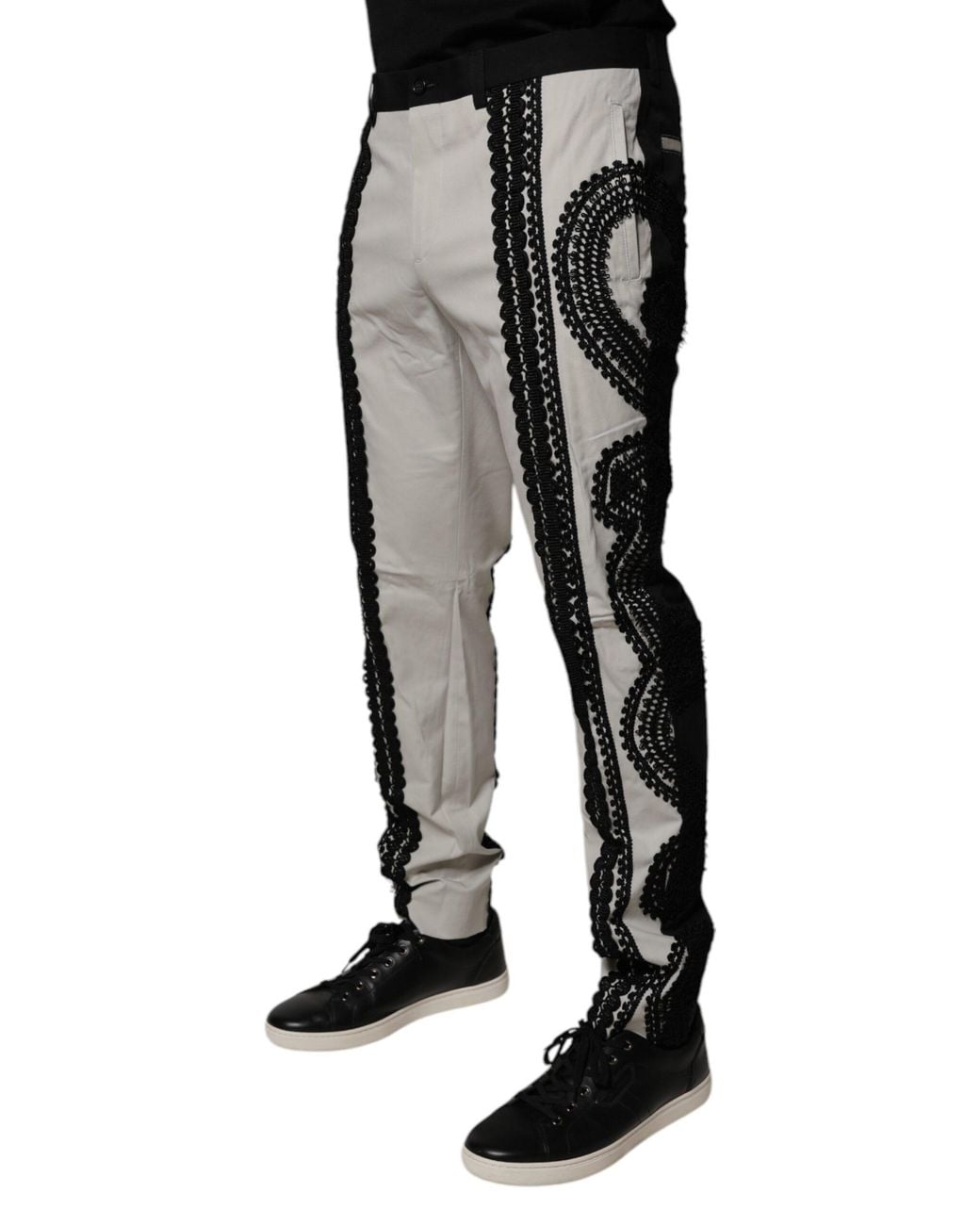 Dolce & Gabbana Black Lace Detail Cotton Trousers for men
