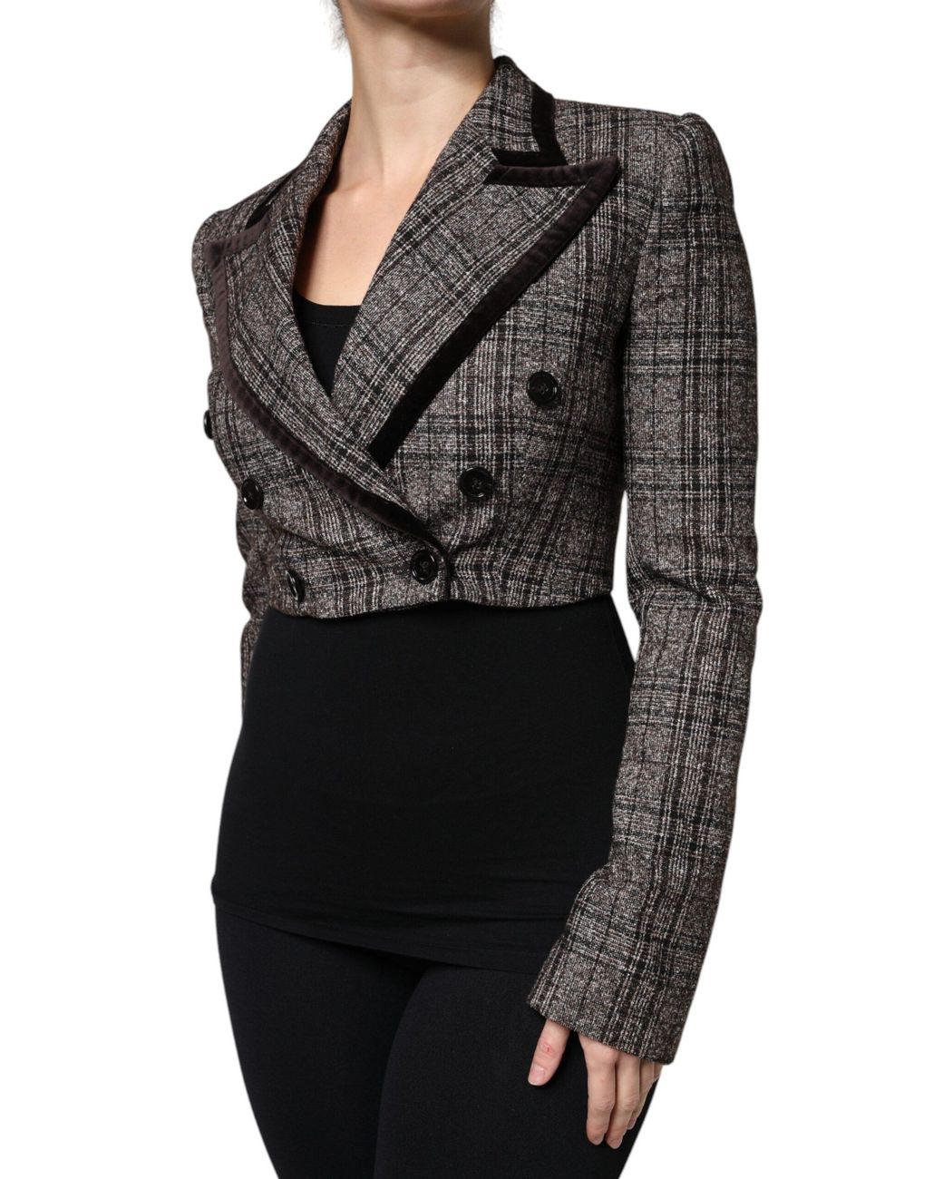 Dolce & Gabbana Black Plaid Long Sleeve Cropped Coat Jacket