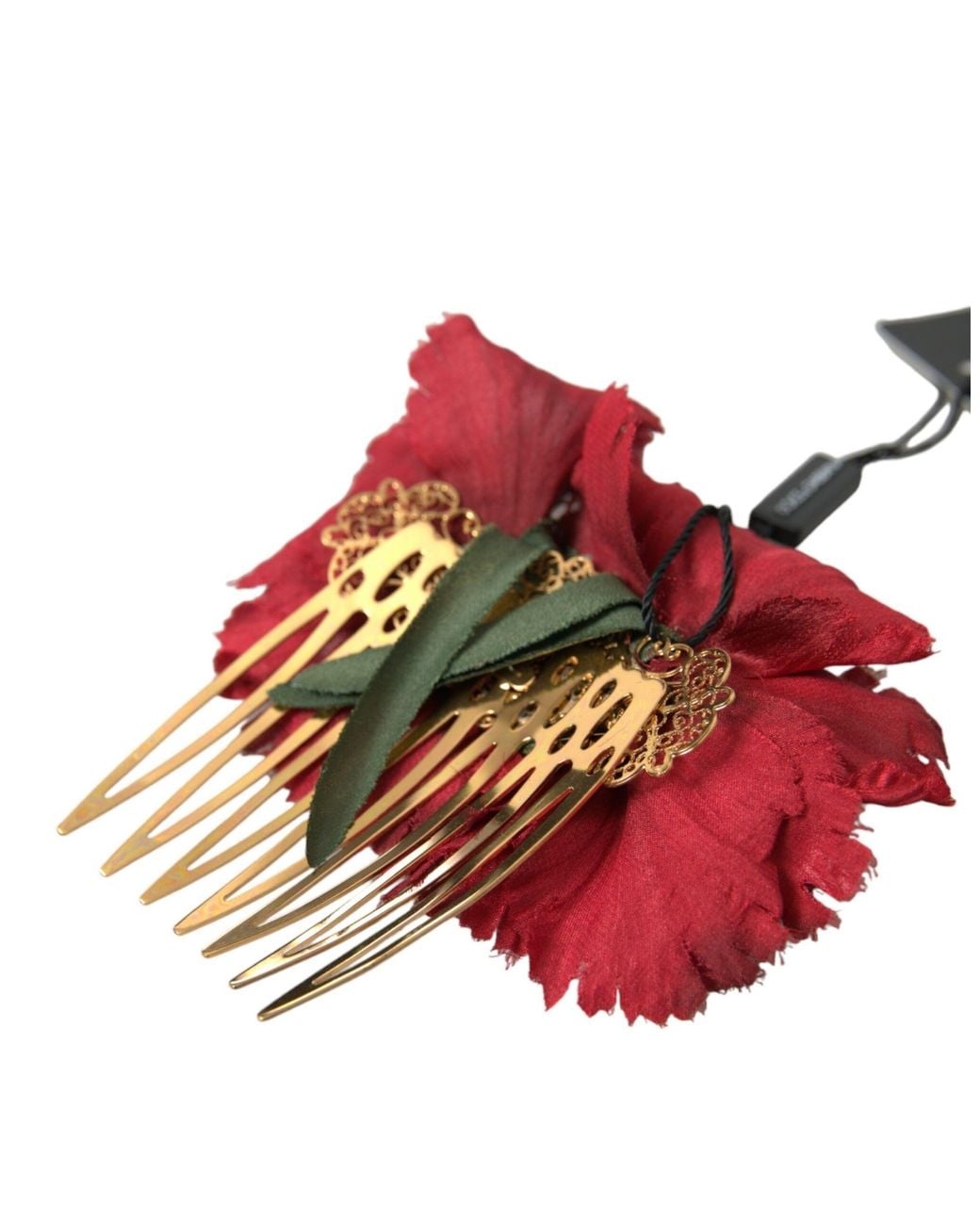 Dolce & Gabbana Red Silk Floral Brass Hair Comb