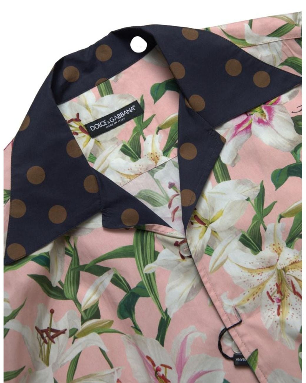 Dolce & Gabbana Pink Cotton Polka Dot Lily Print Collared Shirt for men
