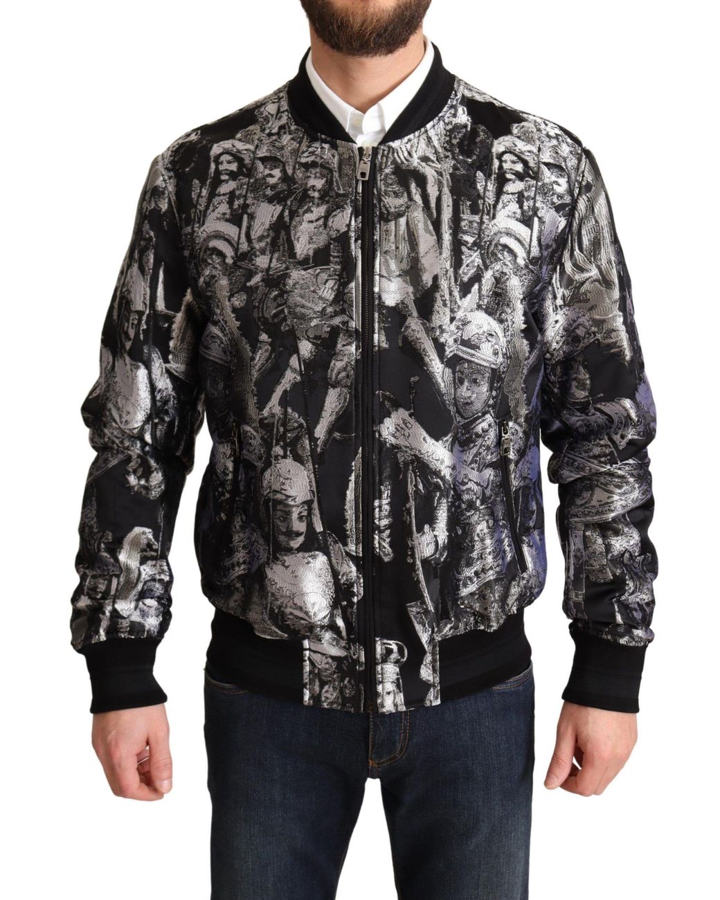 Dolce & Gabbana Black Silver Puppi Motive Bomber Jacket for men