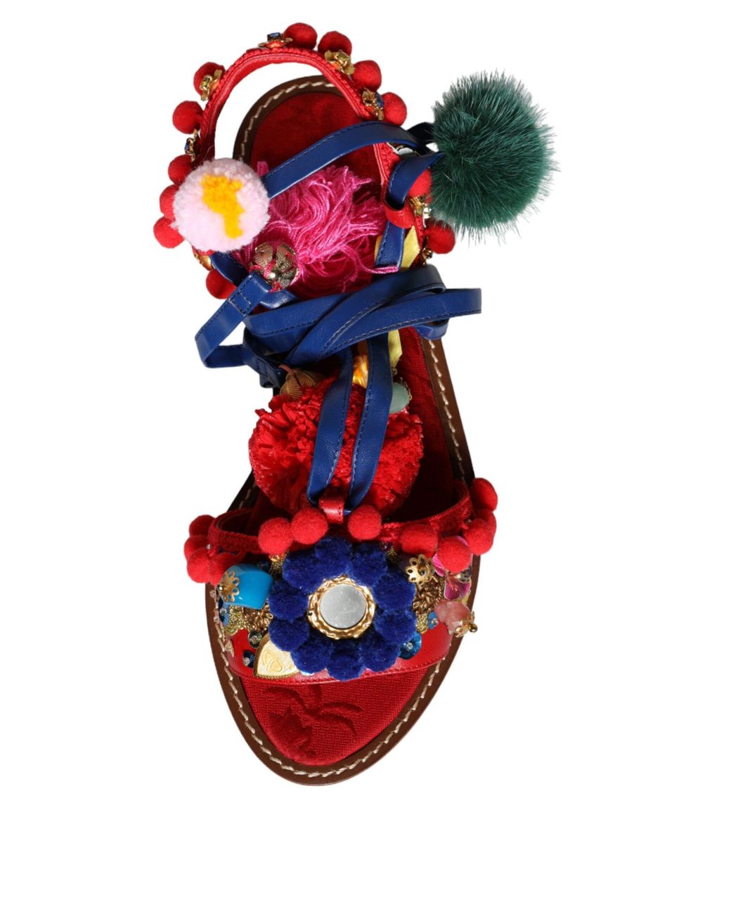 Dolce & Gabbana Red Pom Pom Fur Wrap Sandals Shoes