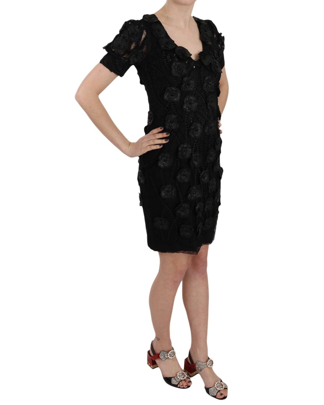 John Richmond Black Silk Leather Flowers Sheath Dress