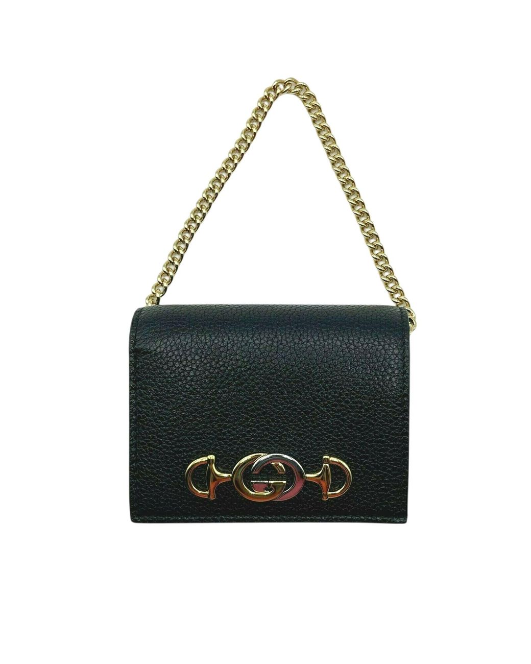 Gucci Zumi Black Leather Gold Chain Bi-fold Mini Wallet gg Logo