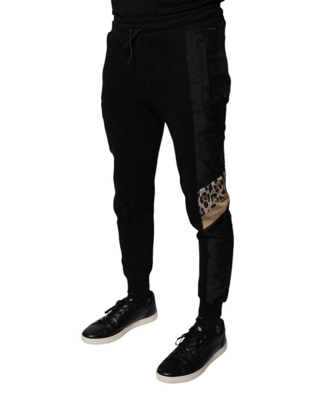 Dolce & Gabbana Black Casual Joggers Leopard Print Side Stripe Trousers for men