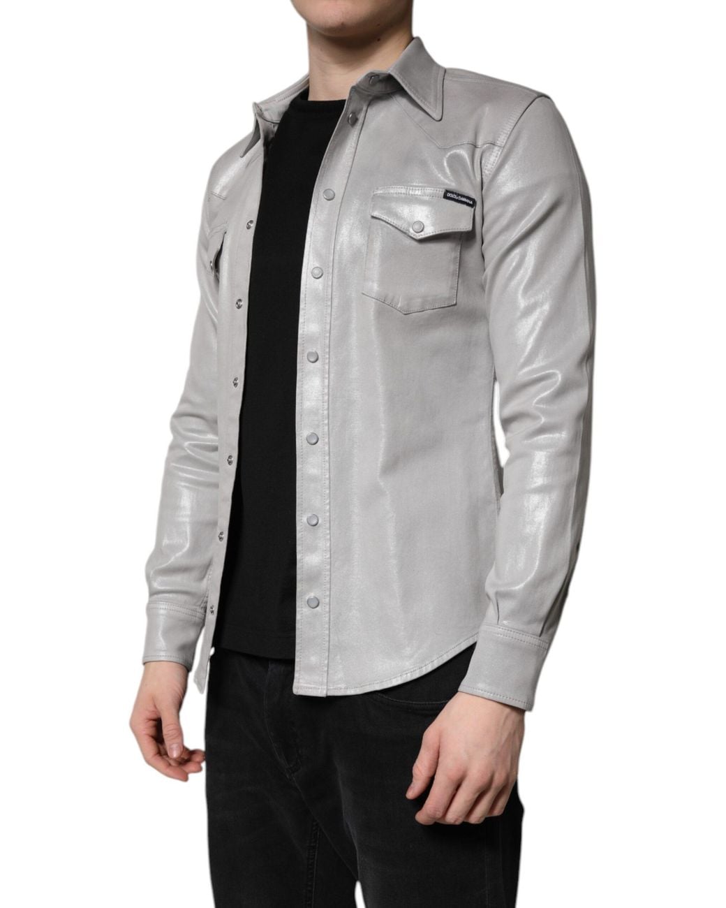 Dolce & Gabbana Gray Metallic Cotton Button Down Shirt for men