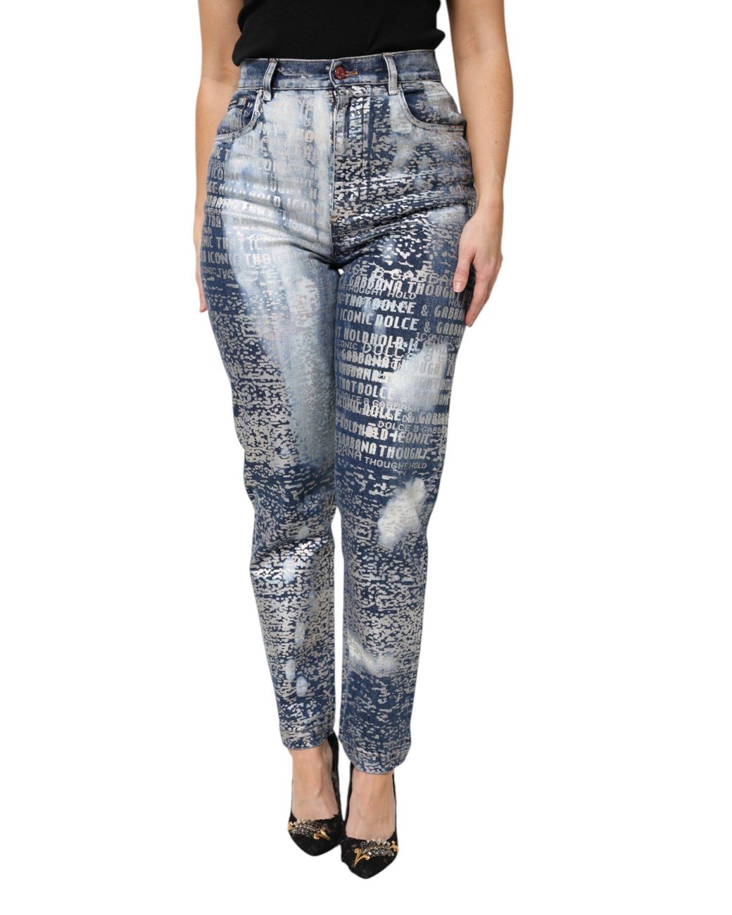 Dolce & Gabbana Blue Washed Print High Waist Denim Jeans