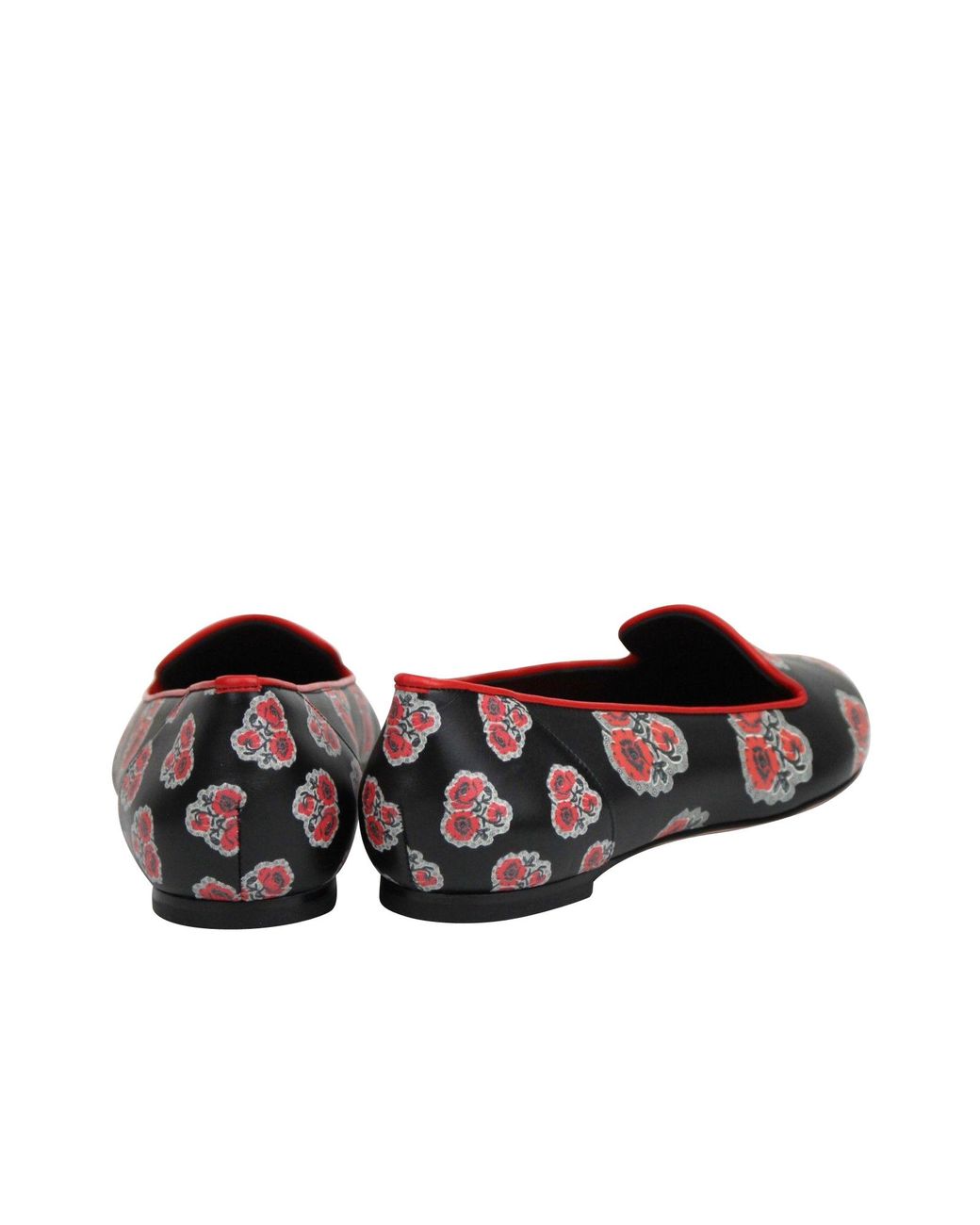 McQueen Red Rose Pattern Leather Slipper Shoes