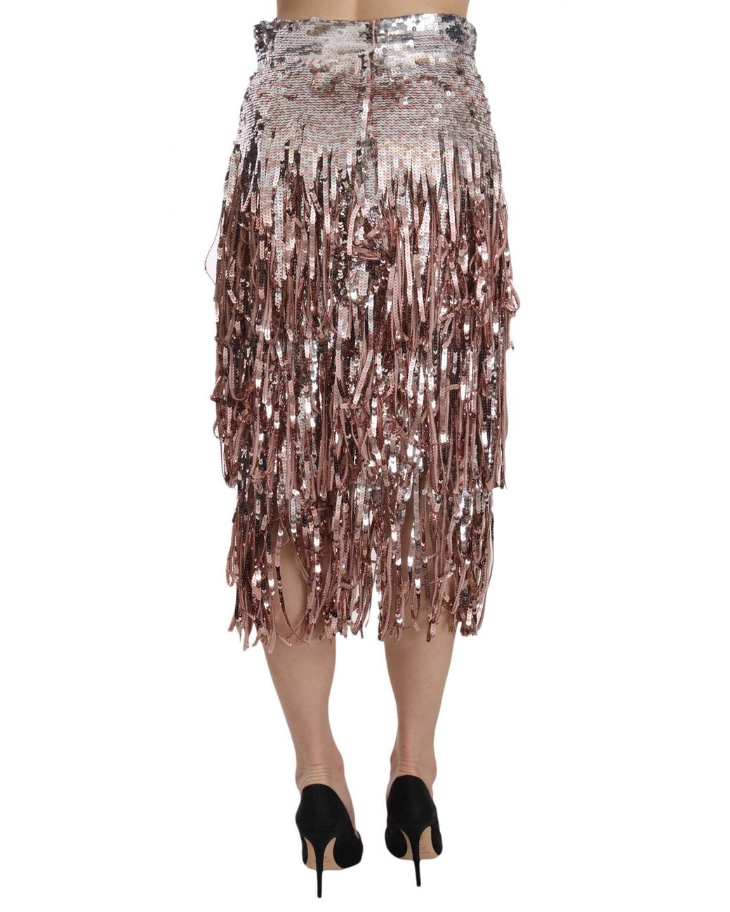 Dolce & Gabbana Metallic Sequin Embellished Fringe Midi Pencil Skirt