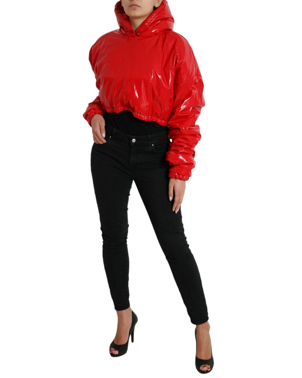 Dolce & Gabbana Red Shiny Hooded Cropped Short Coat Jacket
