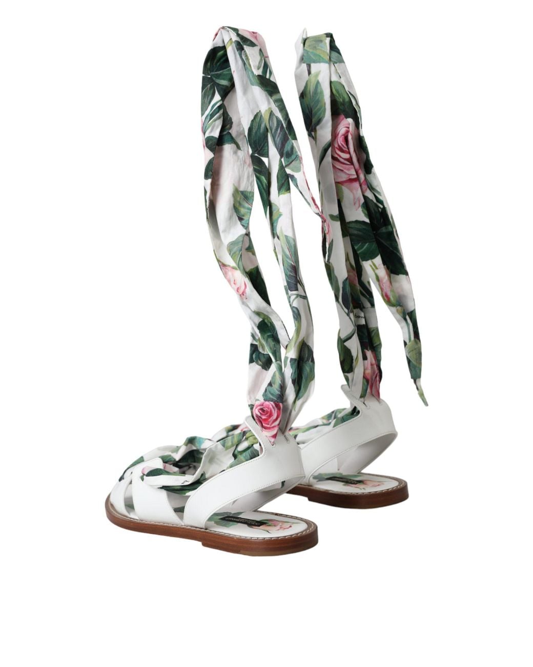 Dolce & Gabbana White Floral Print Ankle Wrap Sandals Shoes