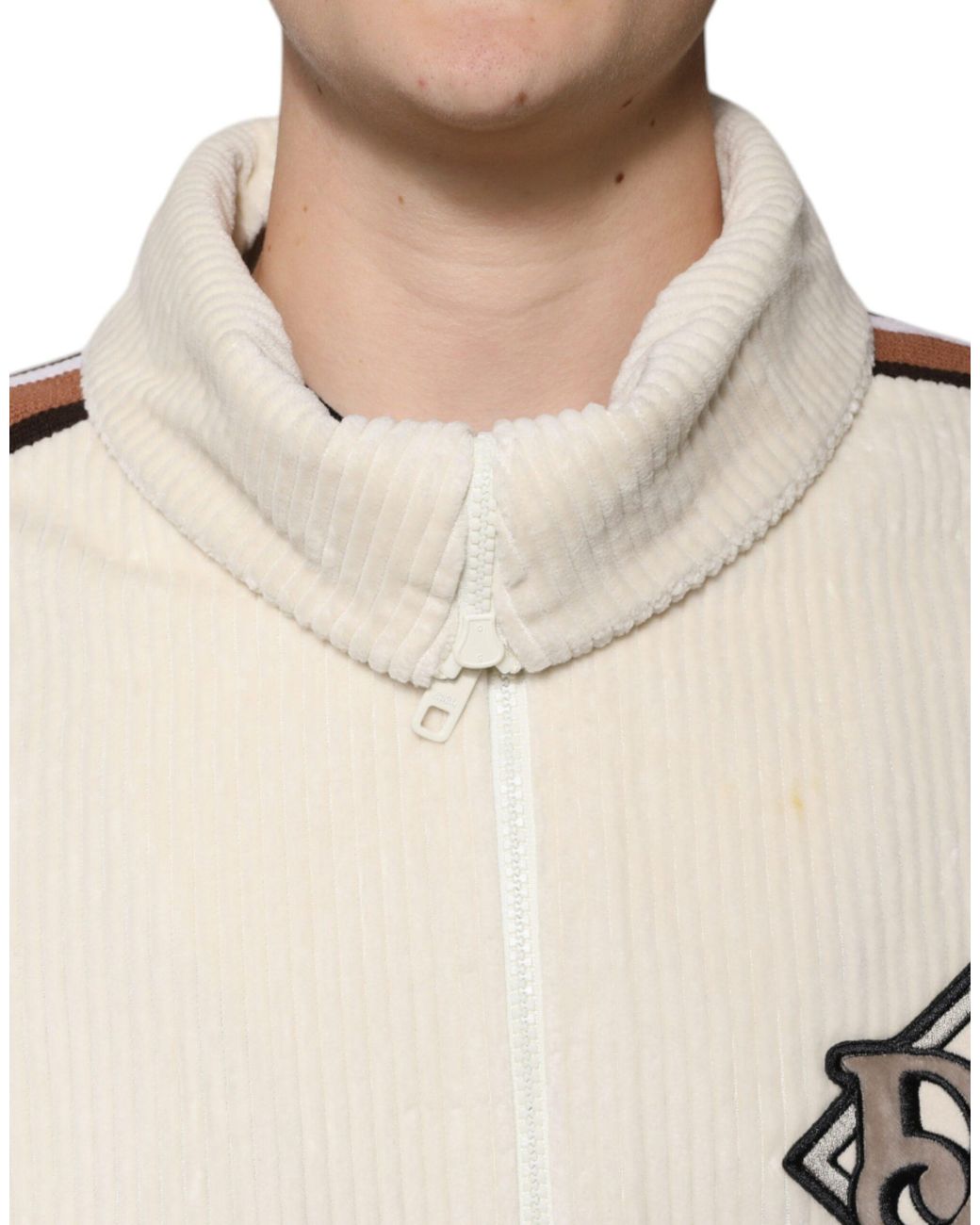 Dolce & Gabbana Natural Logo Applique Cotton Corduroy Full Zip Jacket for men