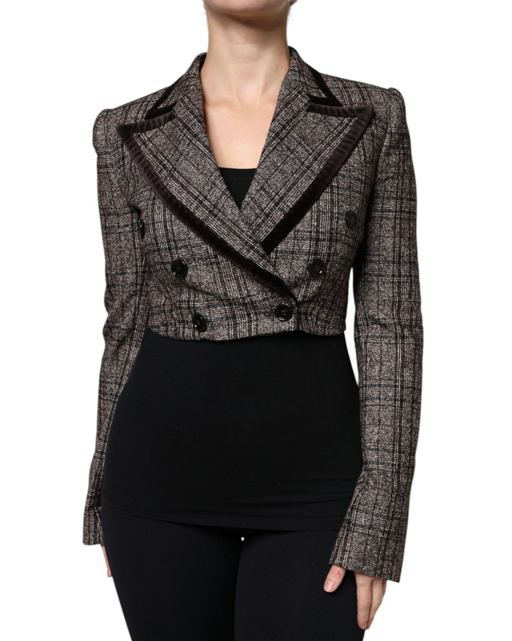 Dolce & Gabbana Black Plaid Long Sleeve Cropped Coat Jacket