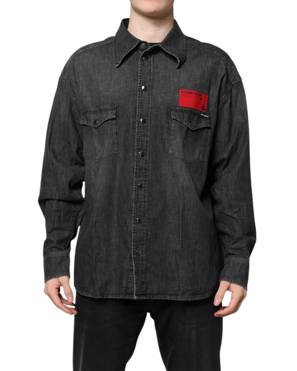 Dolce & Gabbana Black Logo Cotton Button Down Denim Shirt for men