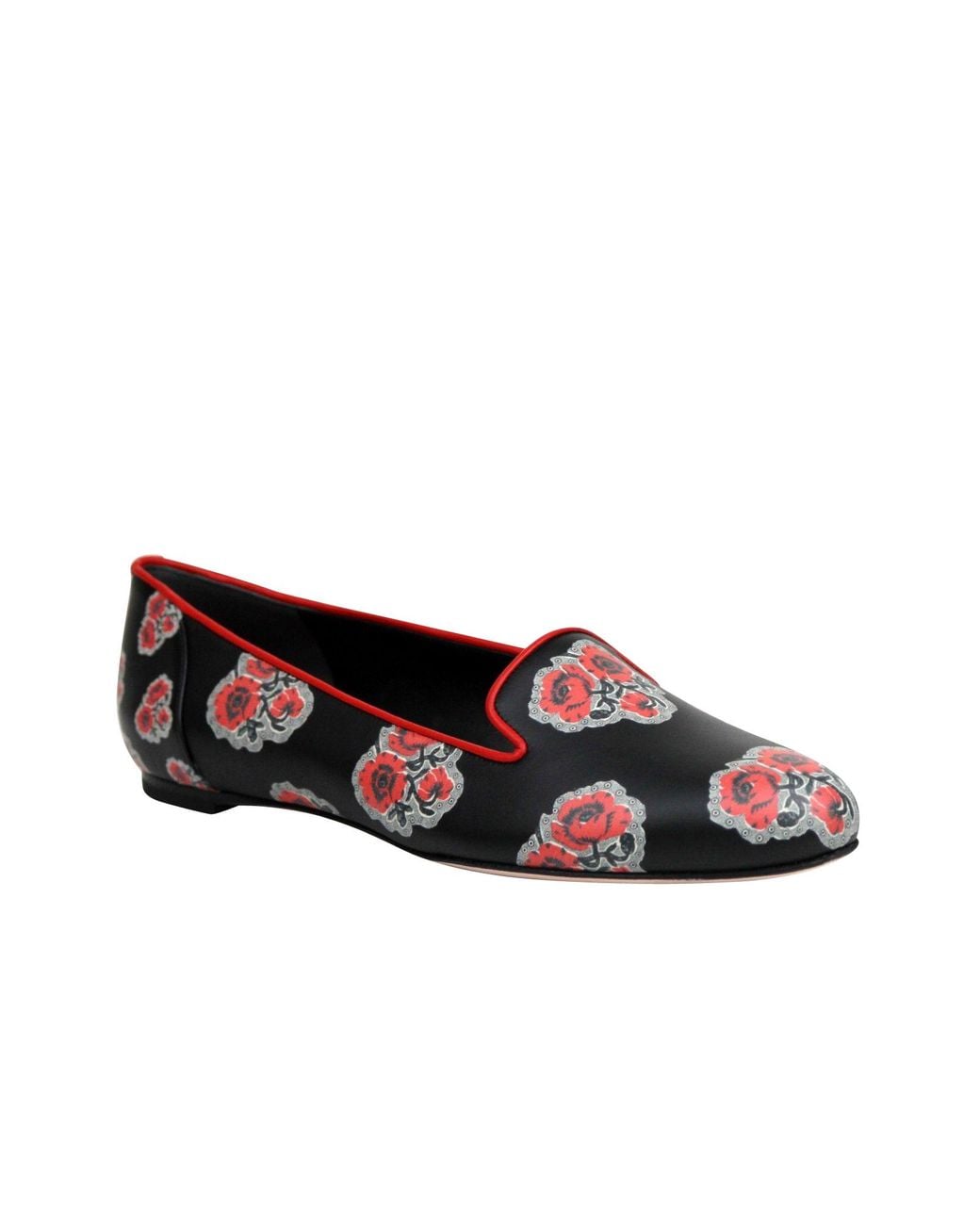McQueen Red Rose Pattern Leather Slipper Shoes