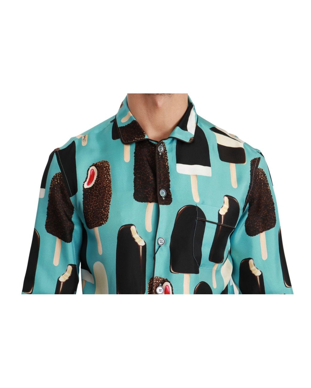 Dolce & Gabbana Blue Silk Ice Cream Print Casual Shirt for men