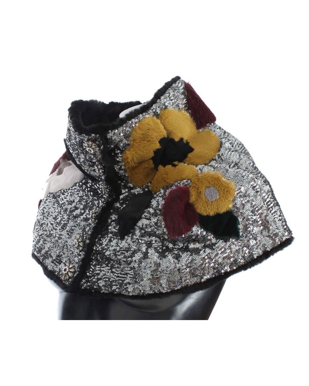 Dolce & Gabbana Black Sequined Floral Weasel Fur Shoulder Scarf Wrap
