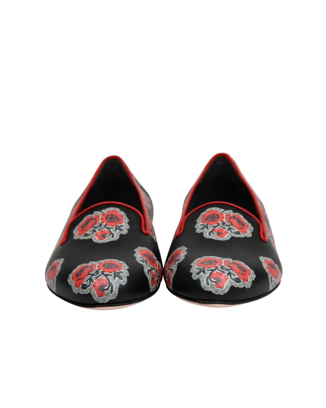 McQueen Red Rose Pattern Leather Slipper Shoes