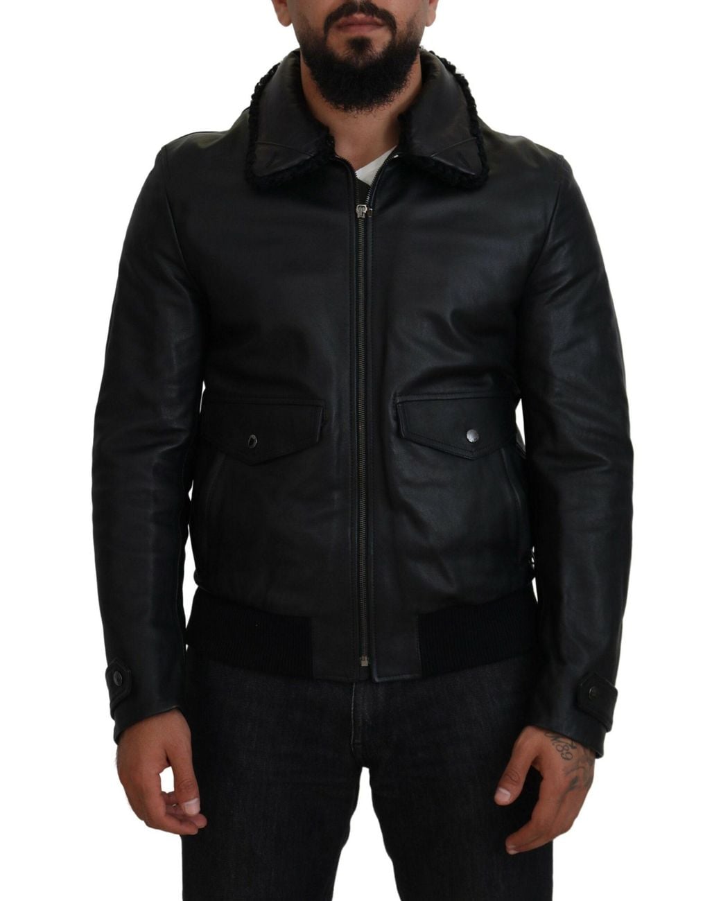 Dolce & Gabbana Black Lamb Leather Collared Coat Jacket for men