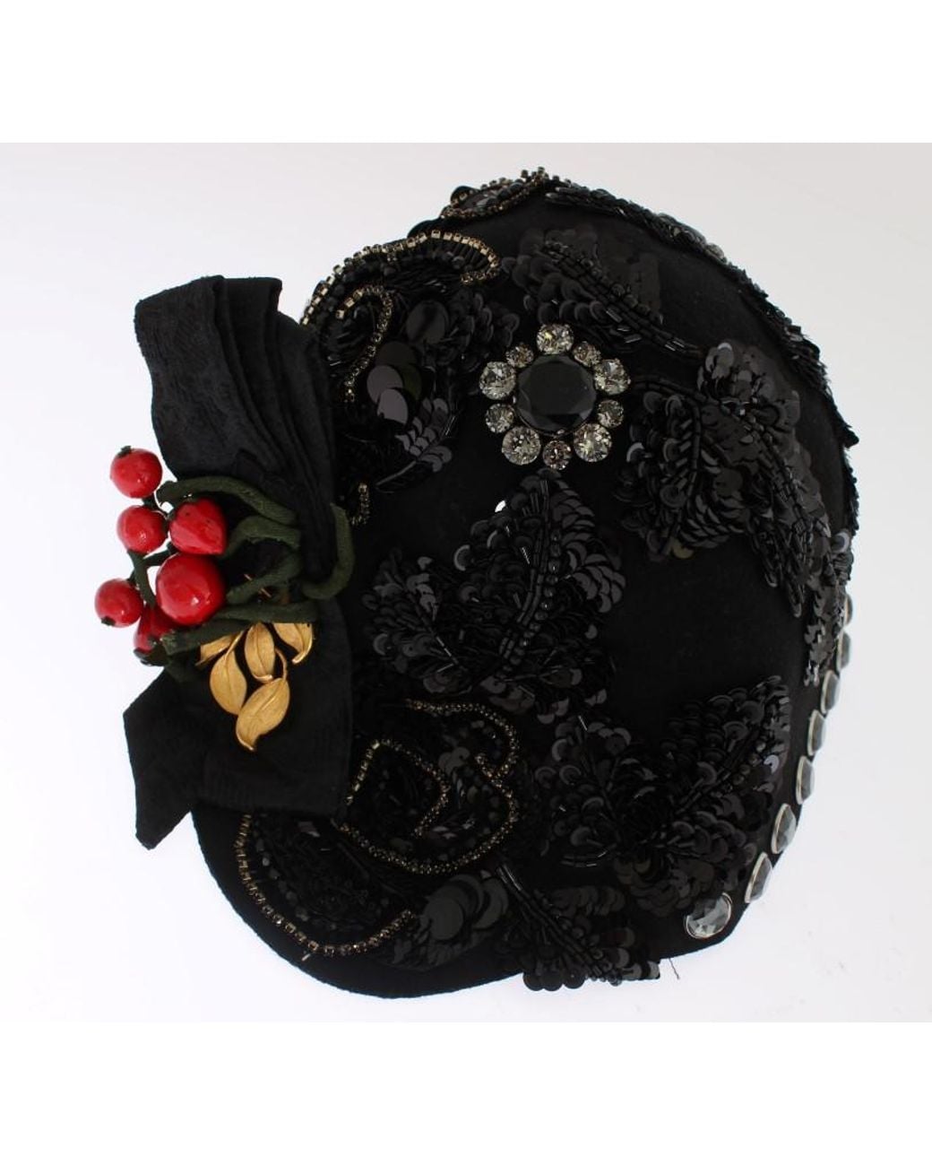 Dolce & Gabbana Black Crystal Cherries Brooch Hat