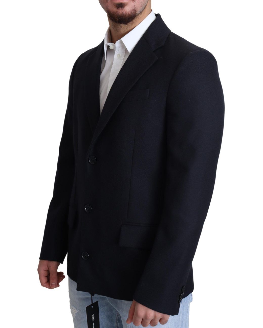 Dolce & Gabbana Blue Dark Wool Single Breasted Coat Jacket for men