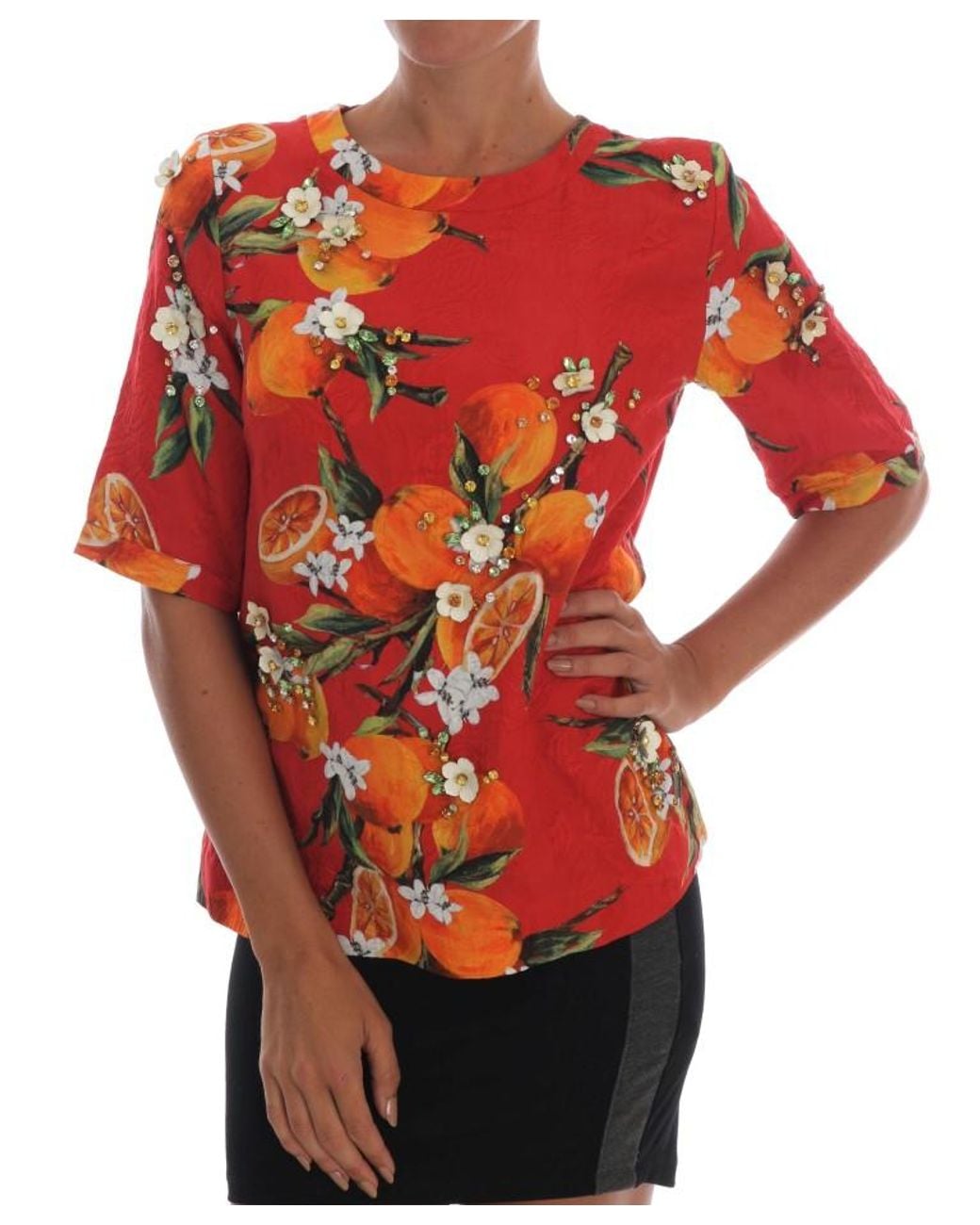 Dolce & Gabbana Red Print Crystal-Embellished Blouse