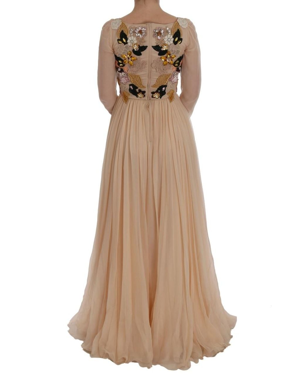 Dolce & Gabbana Natural Silk Floral Crystal Maxi Gown Dress