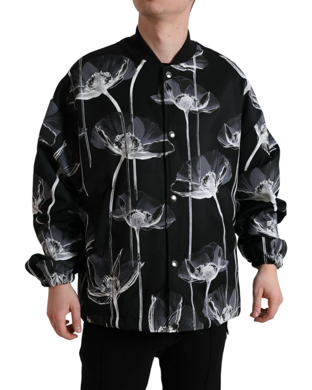 Dolce & Gabbana Black Floral Print Wool Button Down Bomber Jacket for men