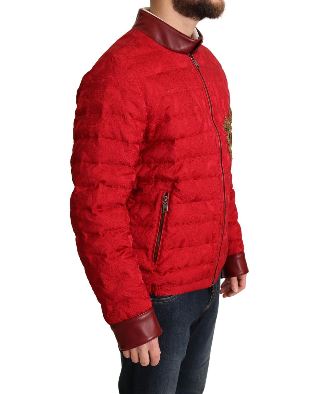 Dolce & Gabbana Red Quilted Bomber Crown Logo Jacket for men