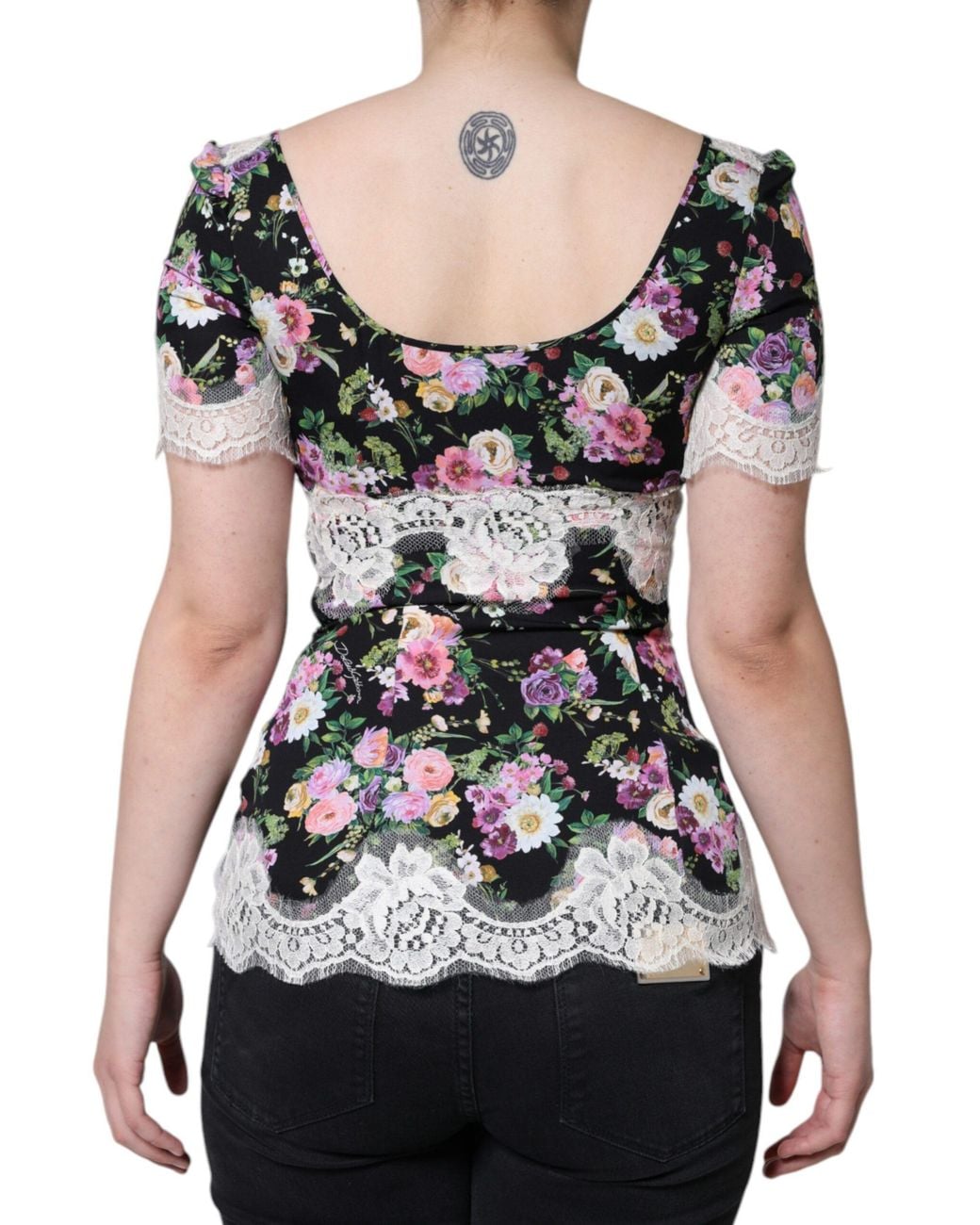 Dolce & Gabbana Black Floral Lace Short Sleeves Blouse Top