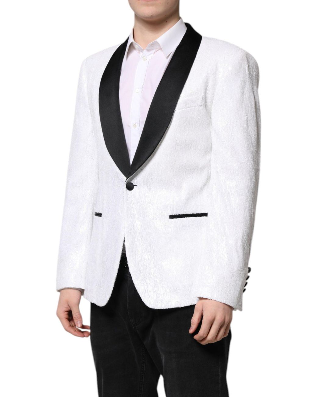 Dolce & Gabbana White Textured Shawl Collar Blazer for men