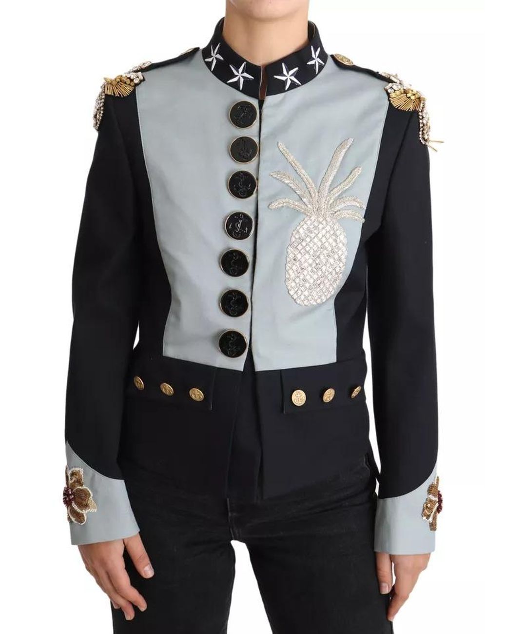 Dolce & Gabbana Black Blue Button Crystal Embellished Cotton Jacket