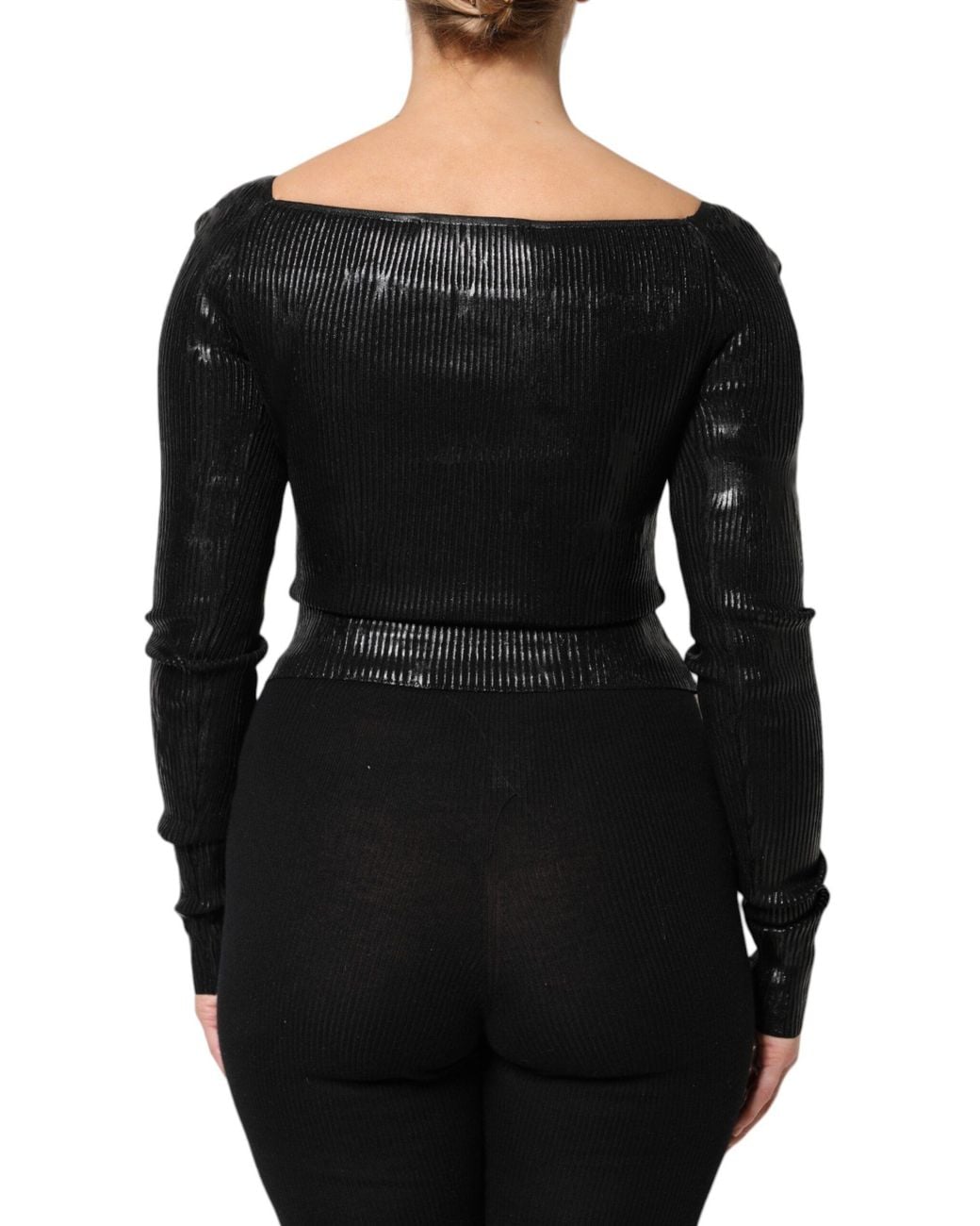 Dolce & Gabbana Black Square Neck Long Sleeve Ribbed Top