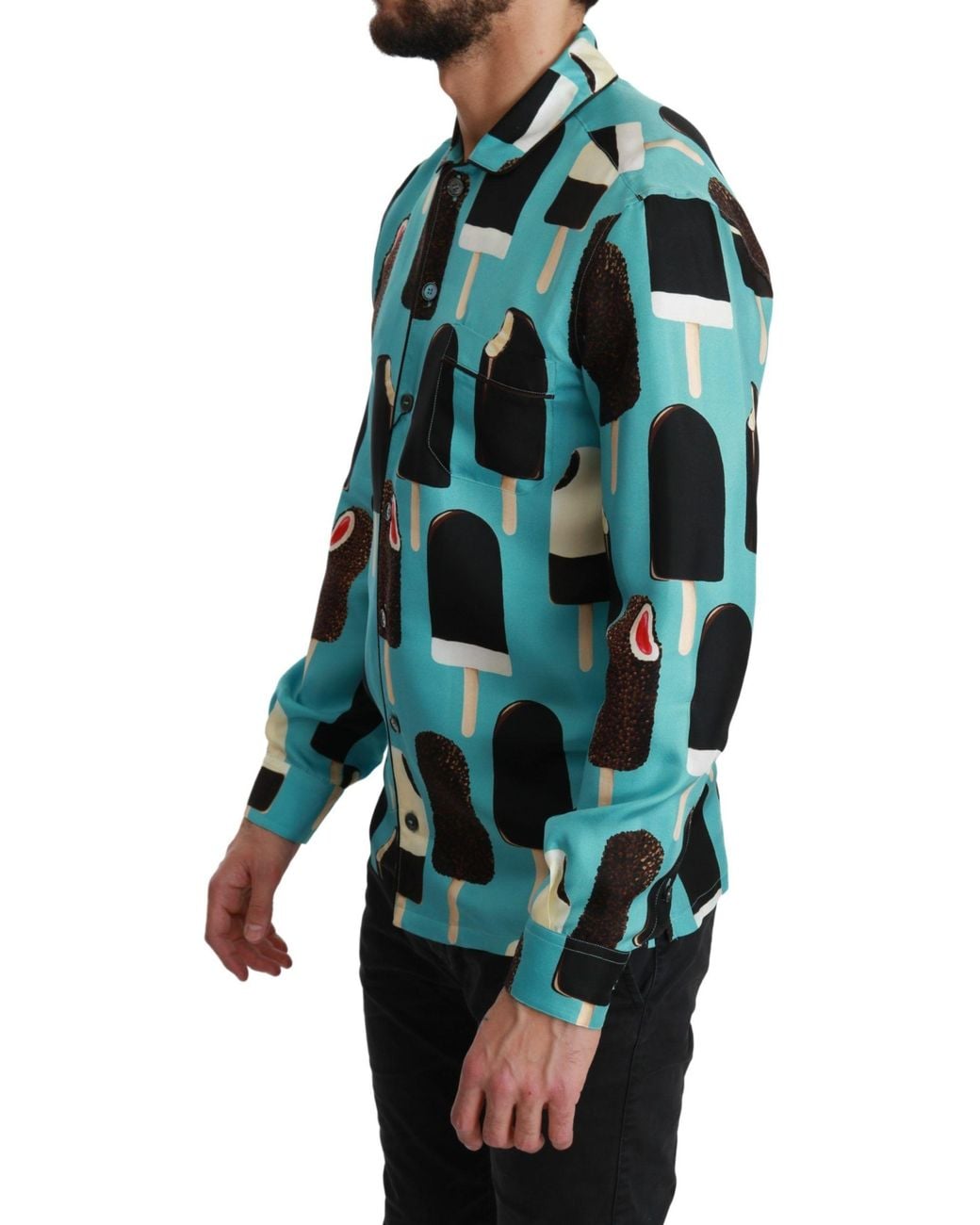 Dolce & Gabbana Blue Silk Ice Cream Print Casual Shirt for men