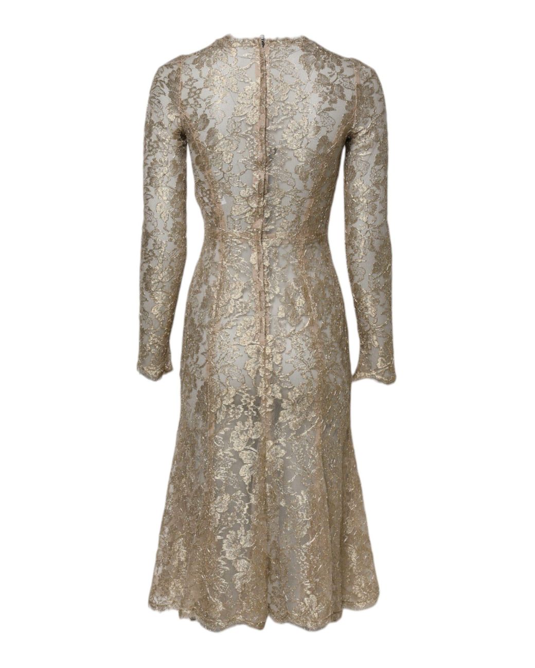 Dolce & Gabbana Natural Floral Lace Long Sleeves Fit & Flare Dress