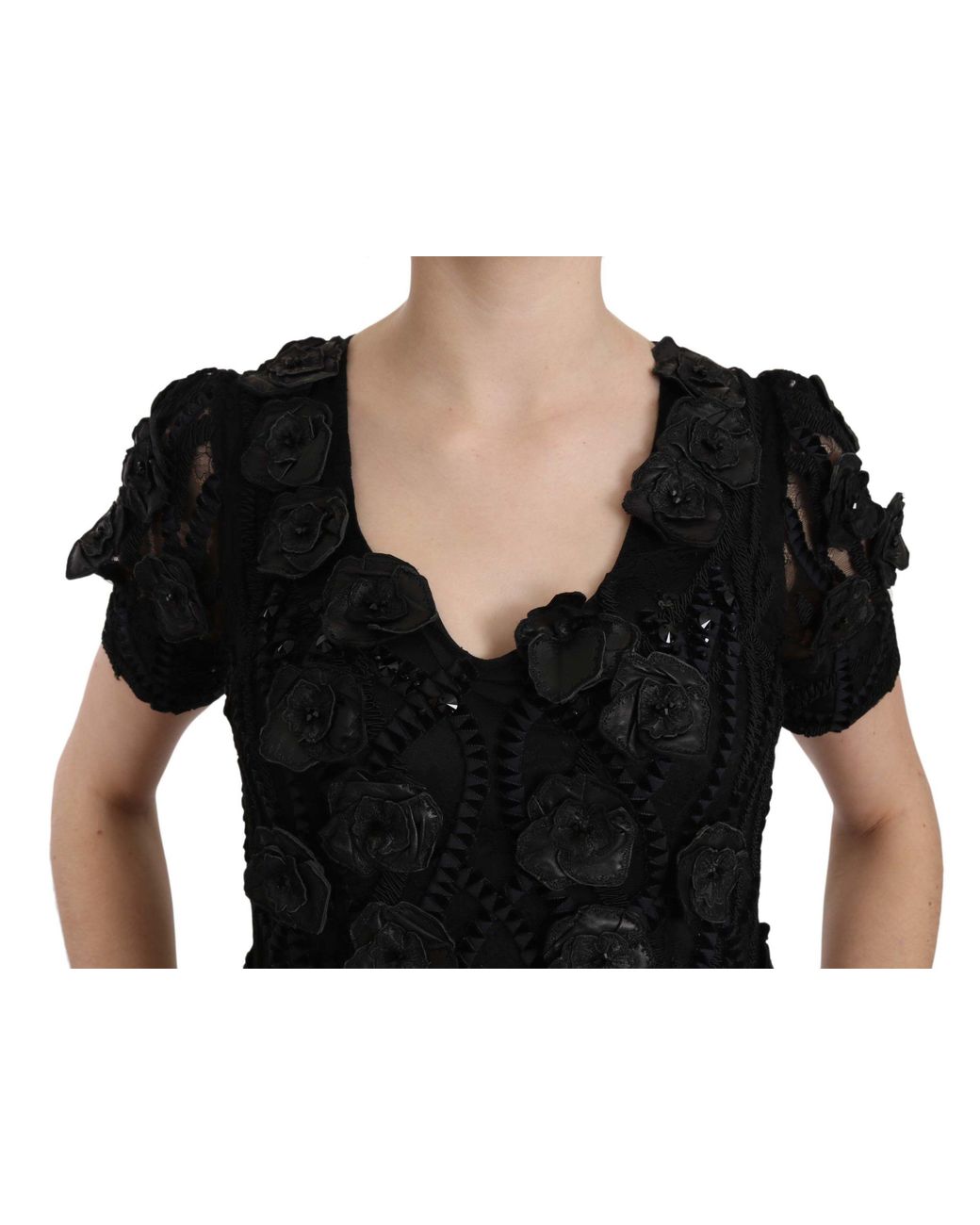 John Richmond Black Silk Leather Flowers Sheath Dress