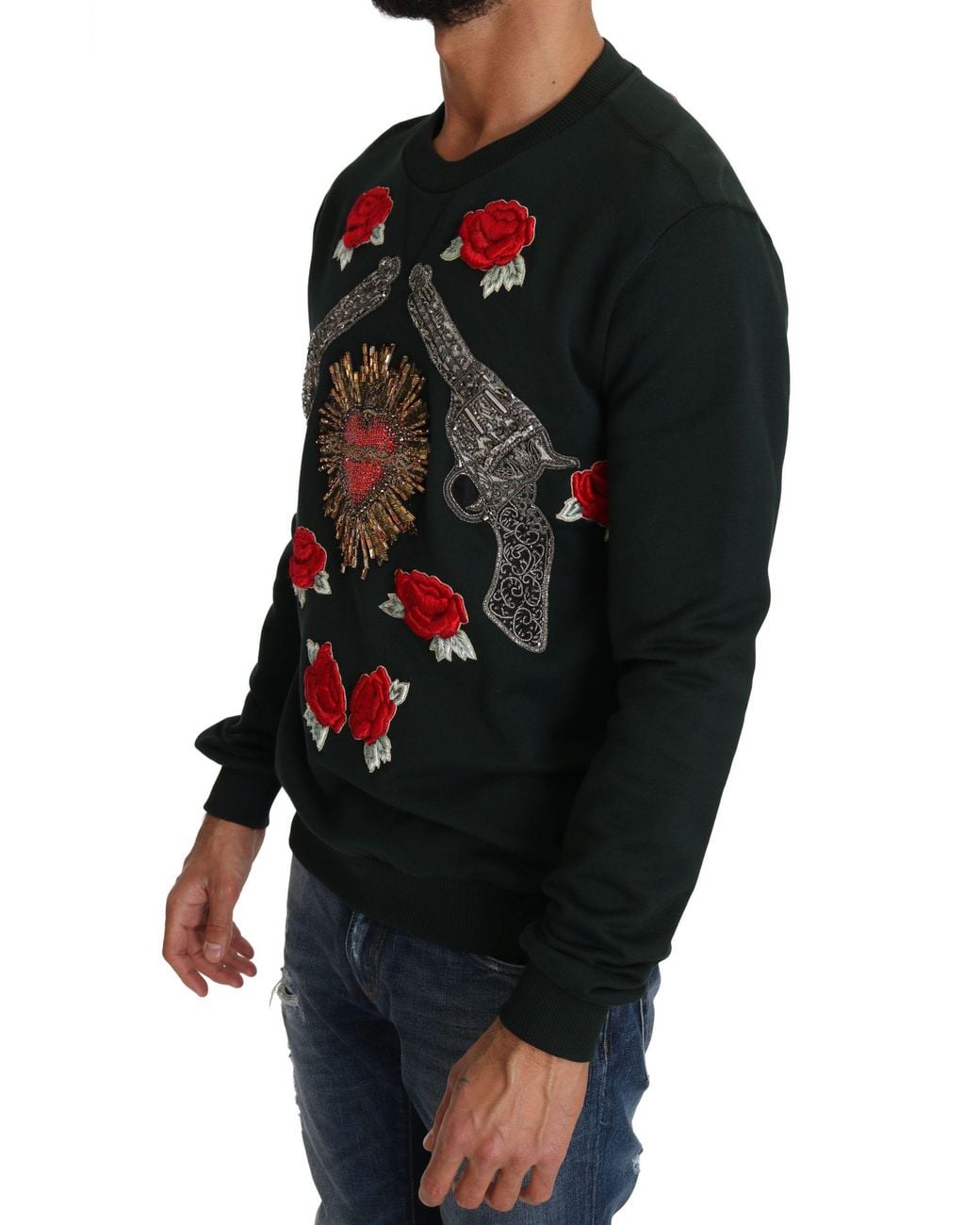 Dolce & Gabbana Black Crystal Heart Roses Gun Sweater for men