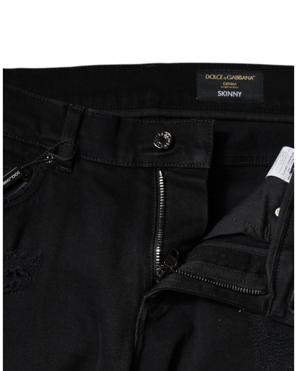 Dolce & Gabbana Black Cotton Tattered Skinny Denim Logo Jeans for men