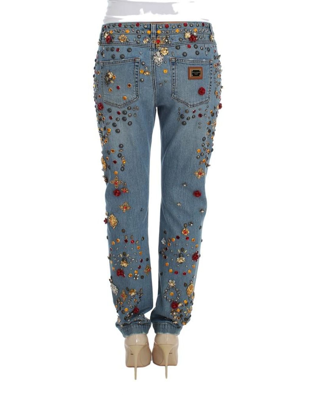 Dolce & Gabbana Blue Crystal Roses Heart Embellished Jeans
