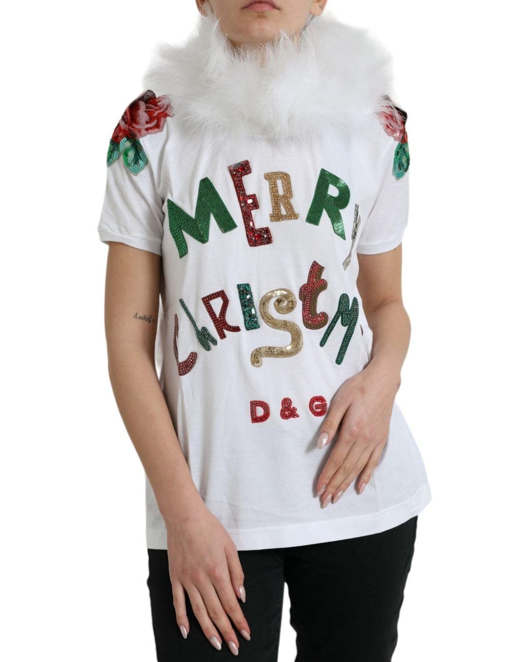Dolce & Gabbana Gray Cotton Christmas Sequin Fur T-Shirt