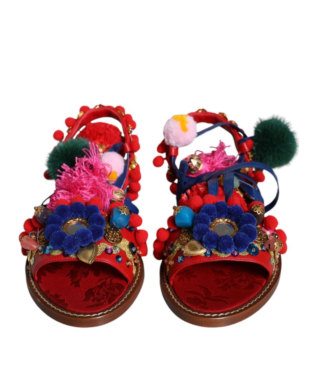 Dolce & Gabbana Red Pom Pom Fur Wrap Sandals Shoes