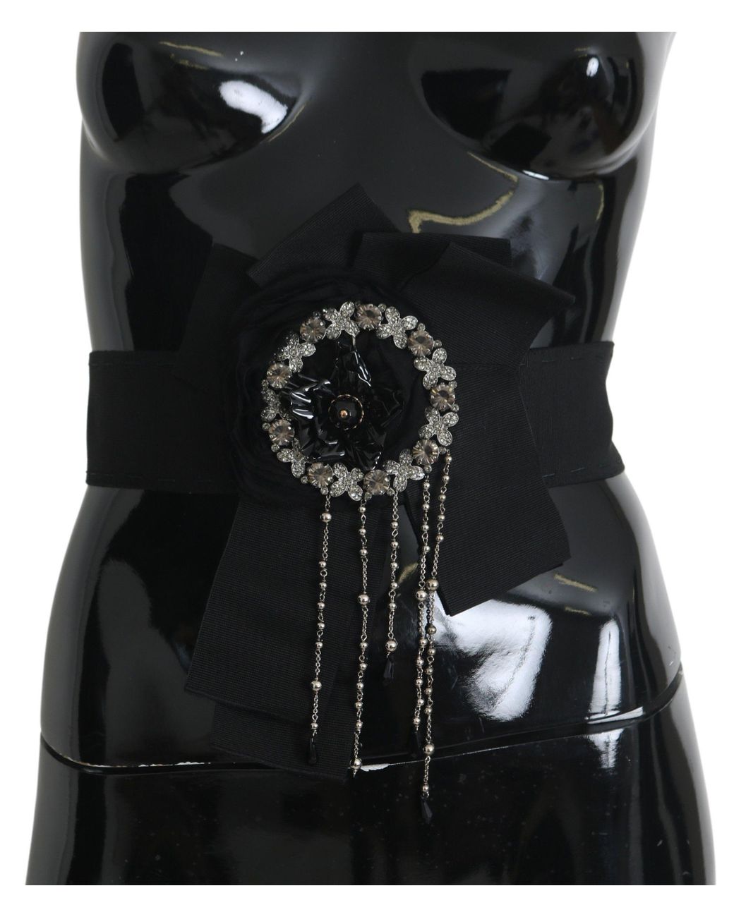 Dolce & Gabbana Black Crystal Brooch Wide Wai Satoria Belt Cotton Acetate