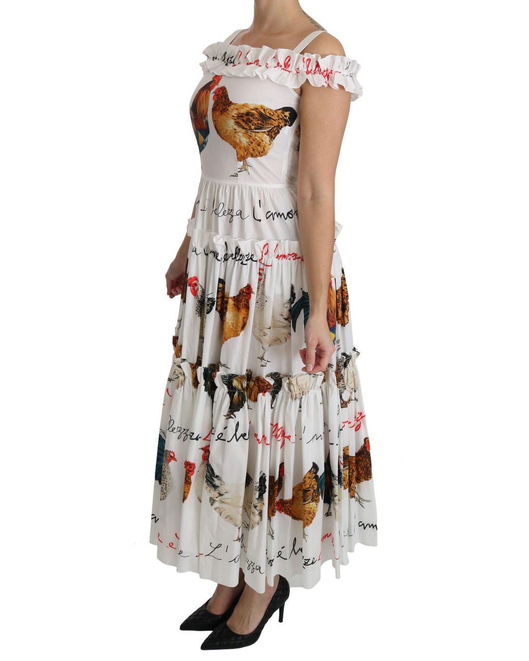 Dolce & Gabbana White Rooster Sheath Midi Cotton Dress