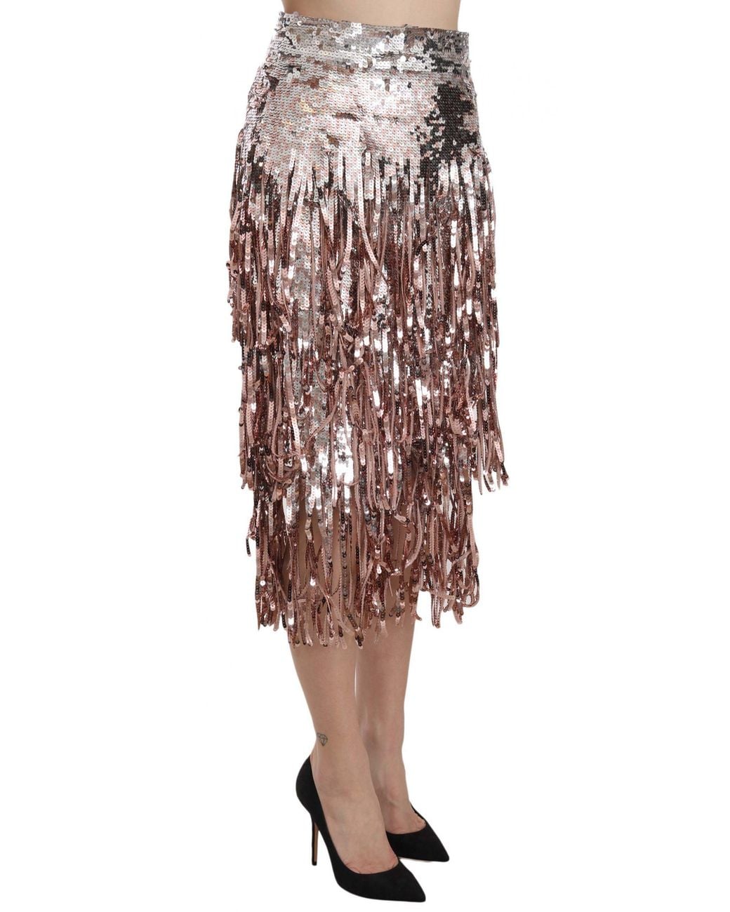 Dolce & Gabbana Metallic Sequin Embellished Fringe Midi Pencil Skirt