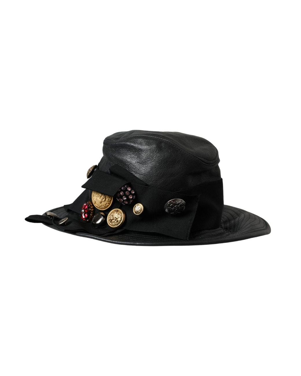 Dolce & Gabbana Black Leather Dg Coin Crystal Wide Brim Hat