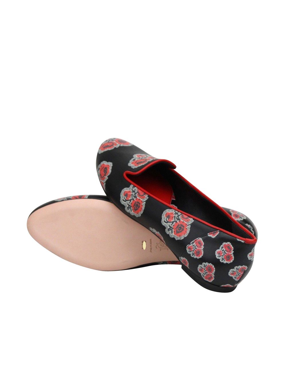 McQueen Red Rose Pattern Leather Slipper Shoes