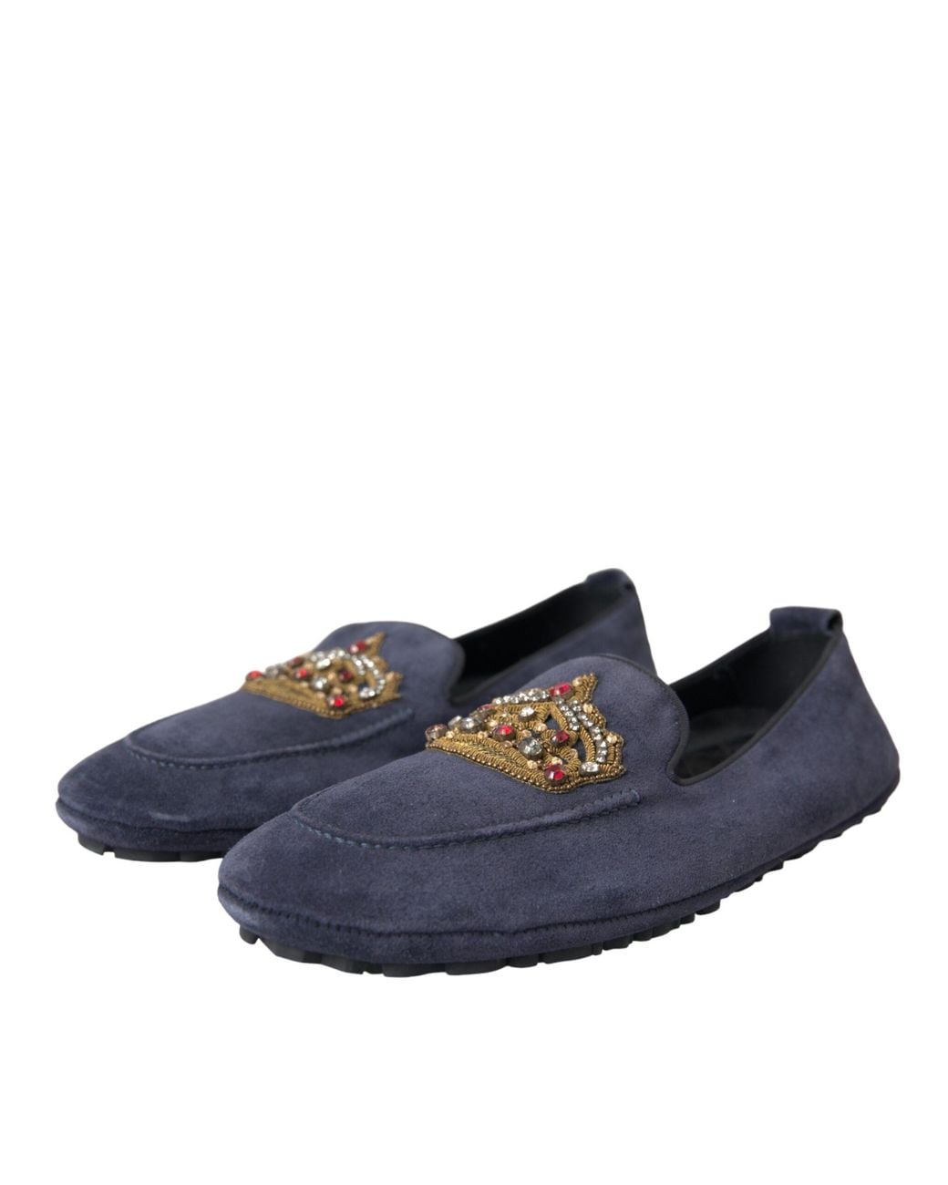 Dolce & Gabbana Blue Leather Suede Crystal Crown Loafers Shoes for men