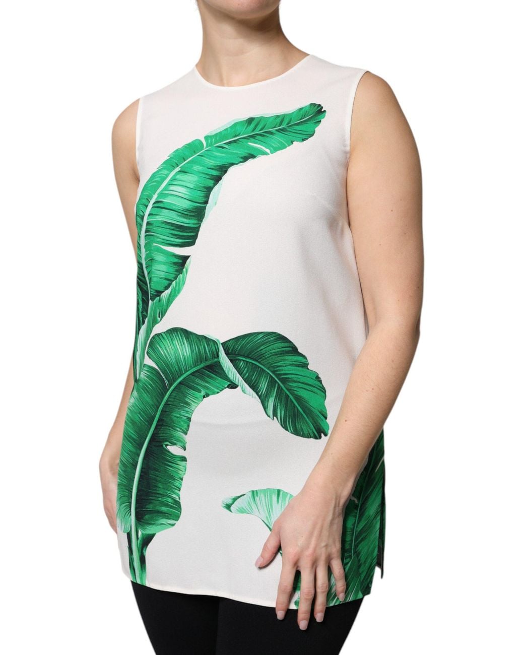 Dolce & Gabbana Green Banana Leaf Print Round Neck Tank Top