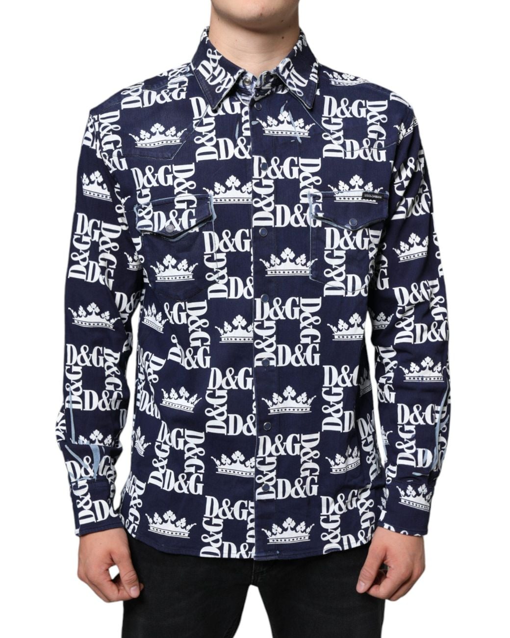 Dolce & Gabbana Blue Crown Logo Print Slim Fit Cotton Shirt for men