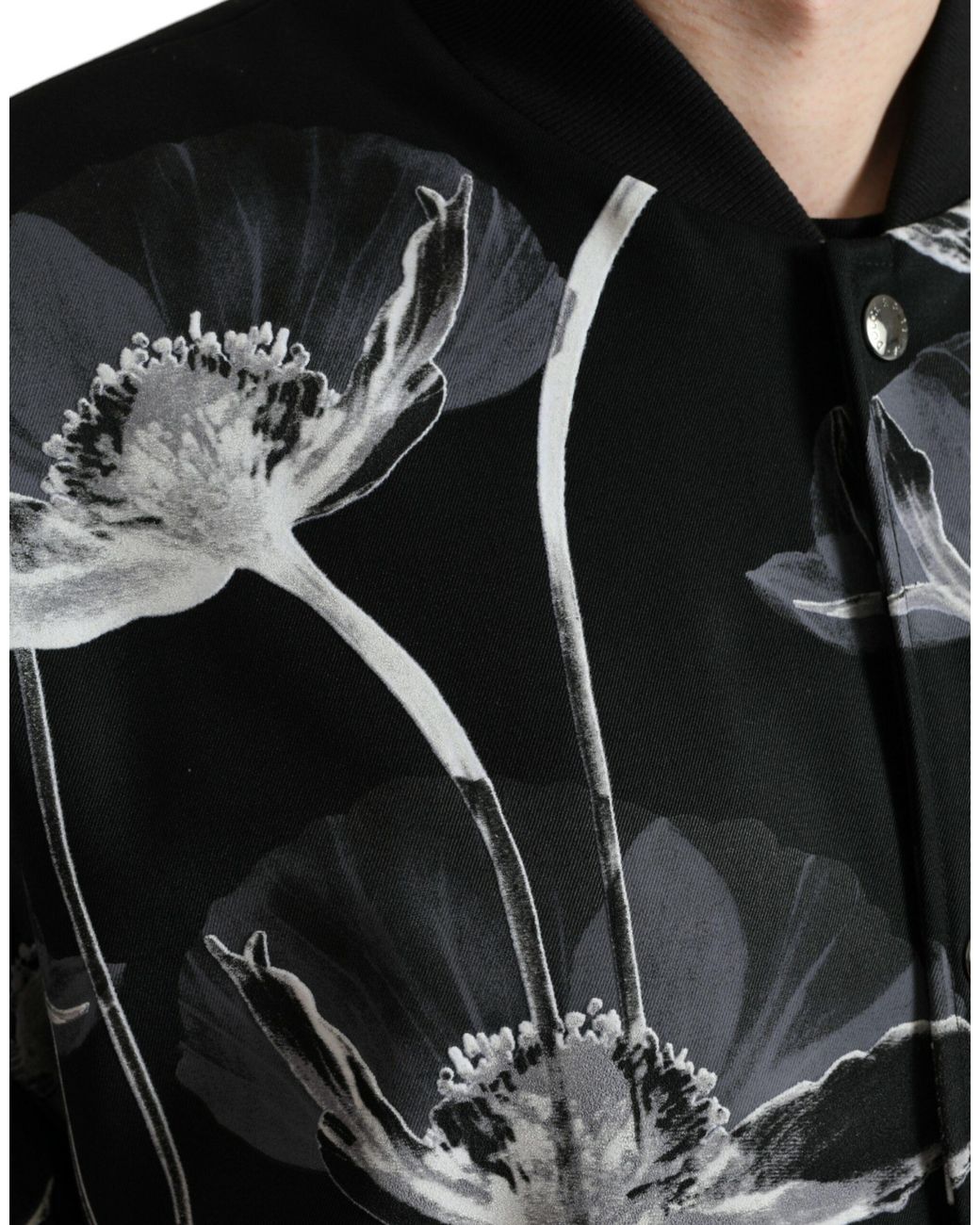 Dolce & Gabbana Black Floral Print Wool Button Down Bomber Jacket for men